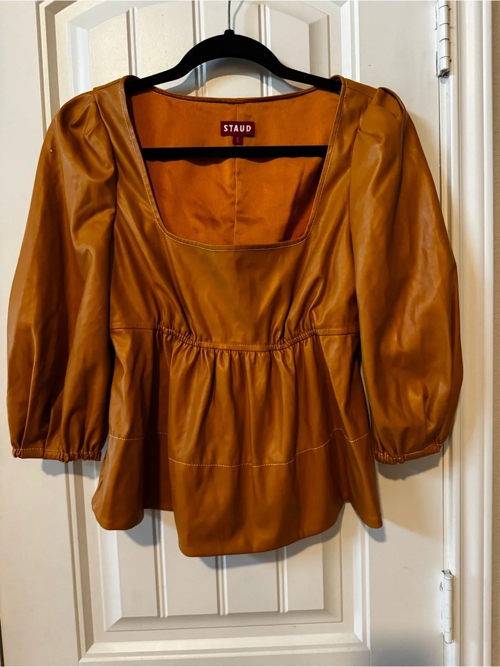 STaud Women’s S yellow Faux Leather Puff Sleeve Peplum Square Neck Blouse Top